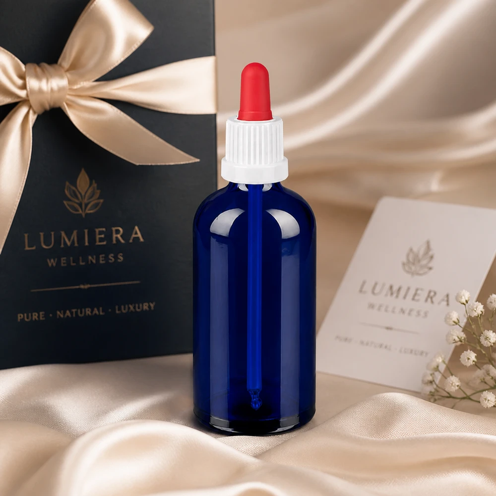 100 ml pipetteflaske hvid/rød OV BlueLine UT18/100 Elegant 100 ml dråbeflaske af blåt glas - ideel til kosmetik og æteriske olier
