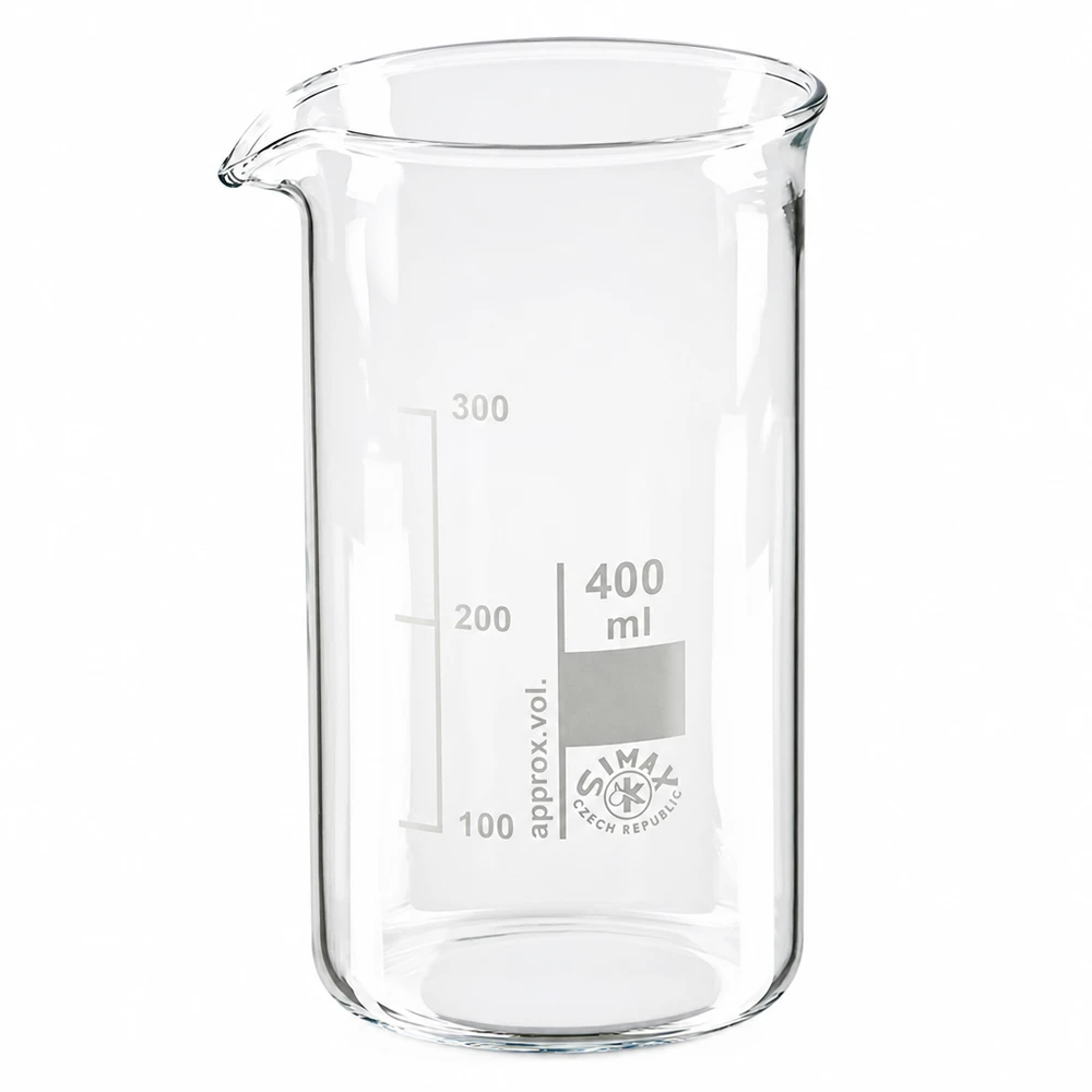Bægerglas 400 ml borosilikatglas, høj form 400 ml høj bægerglas af borosilikatglas med skala fra SIMAX Czech Republic