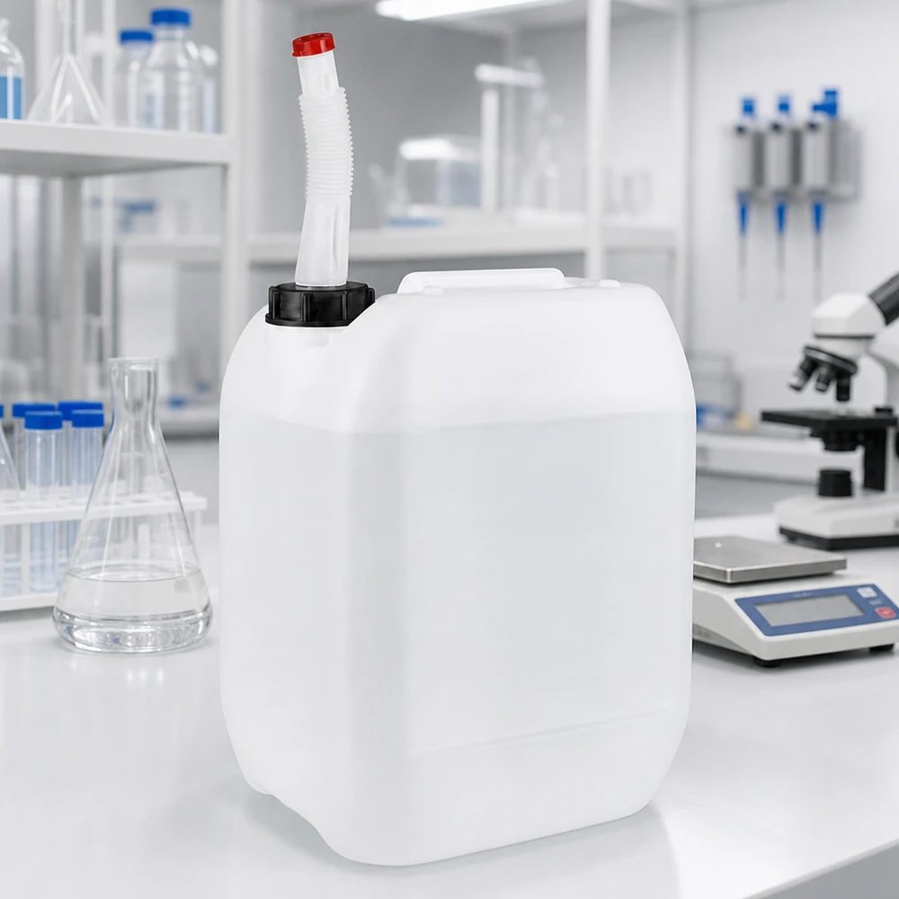 10-liters laboratoriekanister med fleksibelt udløbsrør til professionel brug i laboratorier