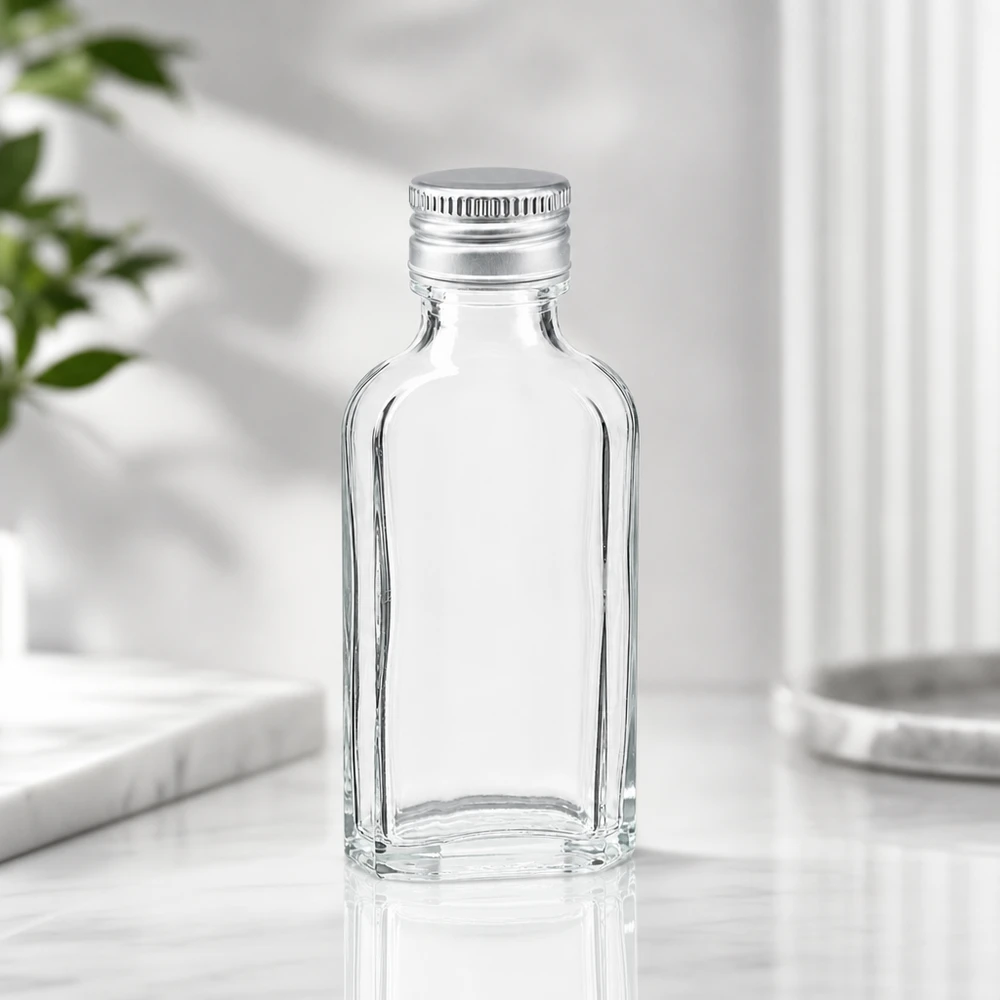 50 ml Meplat-flaske af klart glas med sølvfarvet PP22-skruelåg på en hvid marmoroverflade