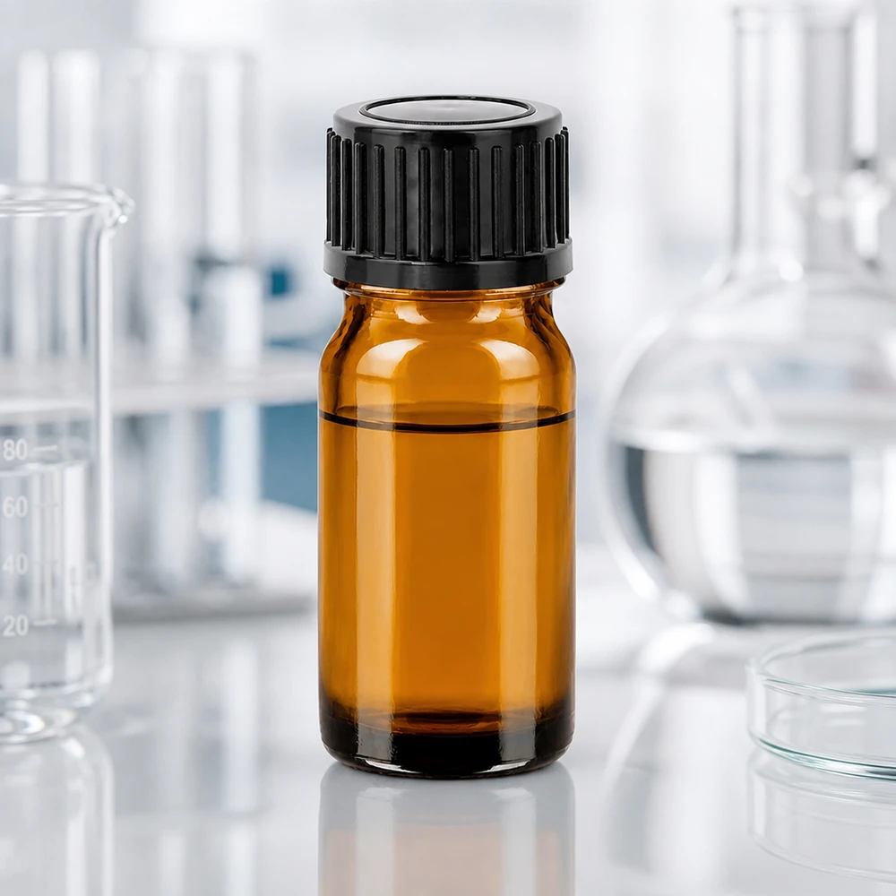 Kompakt 5 ml glasflaske i brun med sort hætte til præcis dosering af små mængder