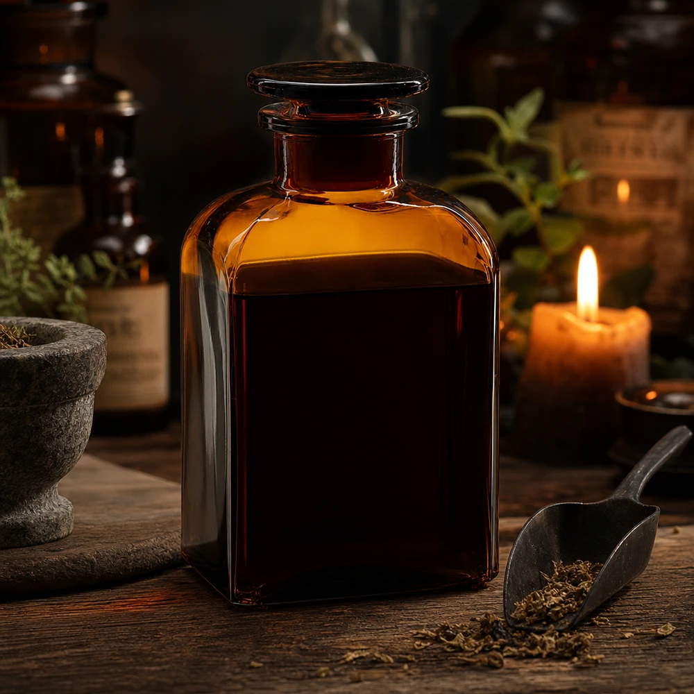 Firkantet flaske 500 ml brun glasprop med bred hals Firkantet flaske med bred hals, 500 ml, brunt glas med glasprop – ideel til apoteksprodukter