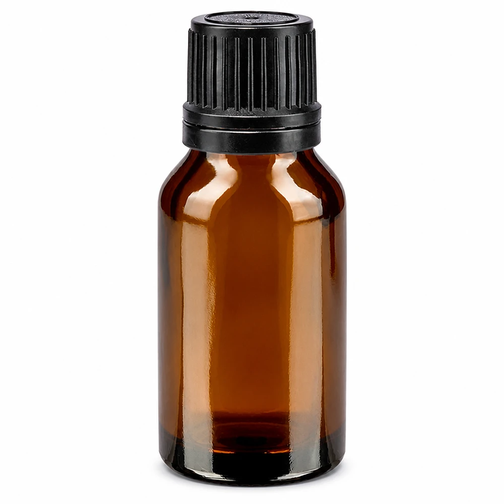 Brun apotekerflaske på 15 ml med sort skruelåg og hældekant af brunt glas