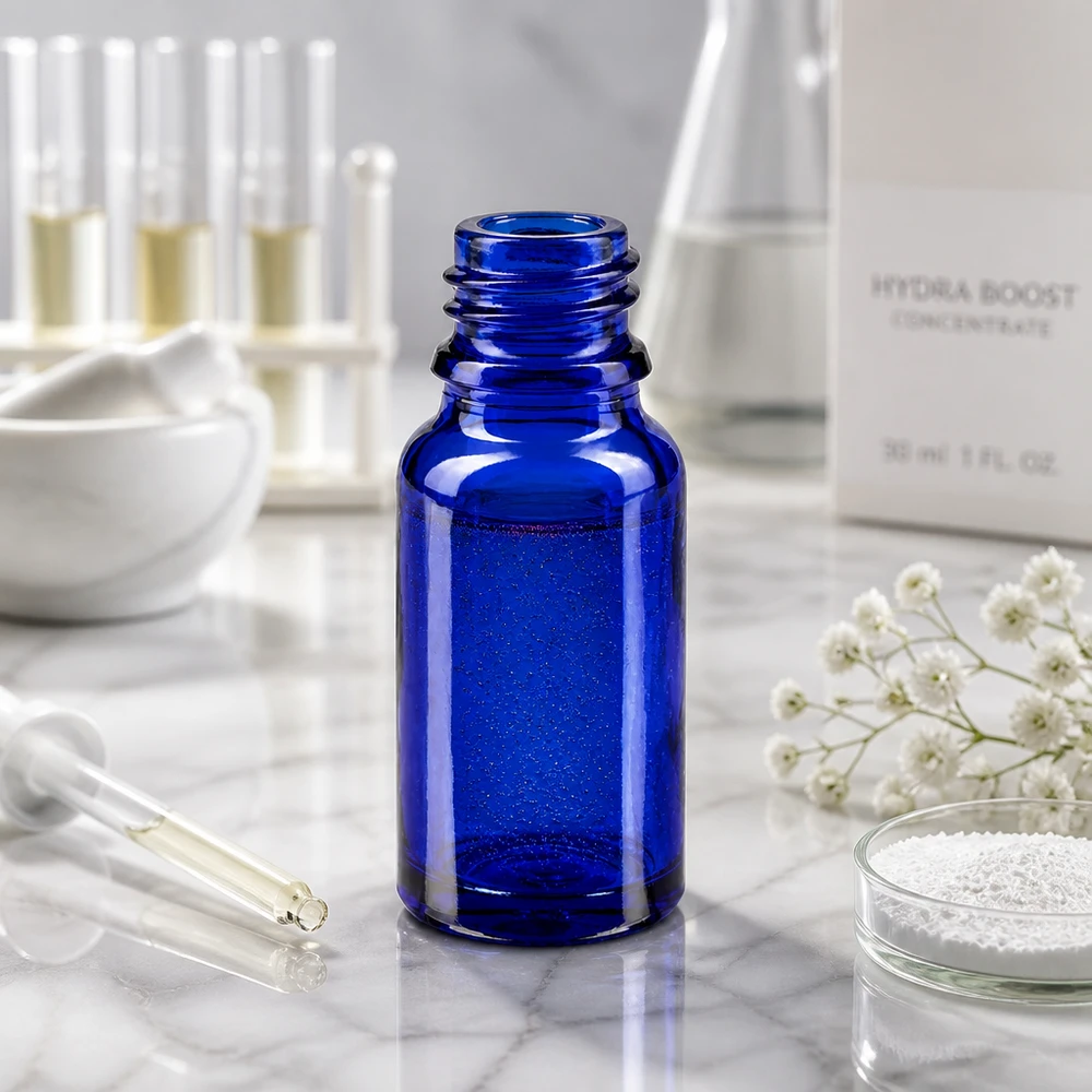 Dropperflaske 10ml DIN 18 BLÅT GLAS Kompakt blå apoteksflaske ApoGlas 10 ml med praktisk dråbehætte til kosmetik