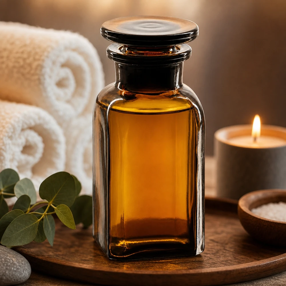 Firkantet flaske 100 ml brun glasprop med bred hals Aromaterapi-olieflaske, 100 ml, brun firkantet glasflaske med glasprop på træbakke