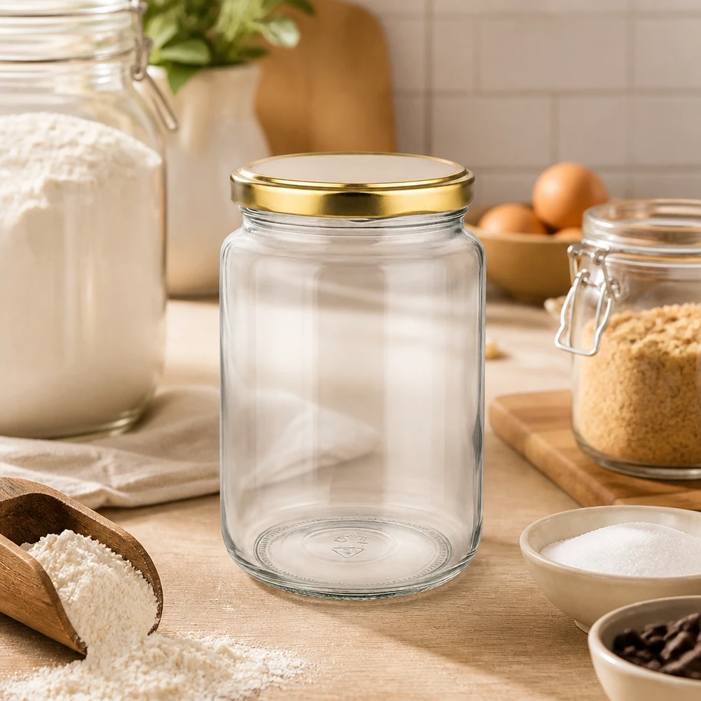 795 ml rund krukke med BasicSeal-låg i guld UNiTWIST 795 ml tom rund krukke med gyldent BasicSeal-låg i køkkenatmosfære med mel og bageingredienser på træplade