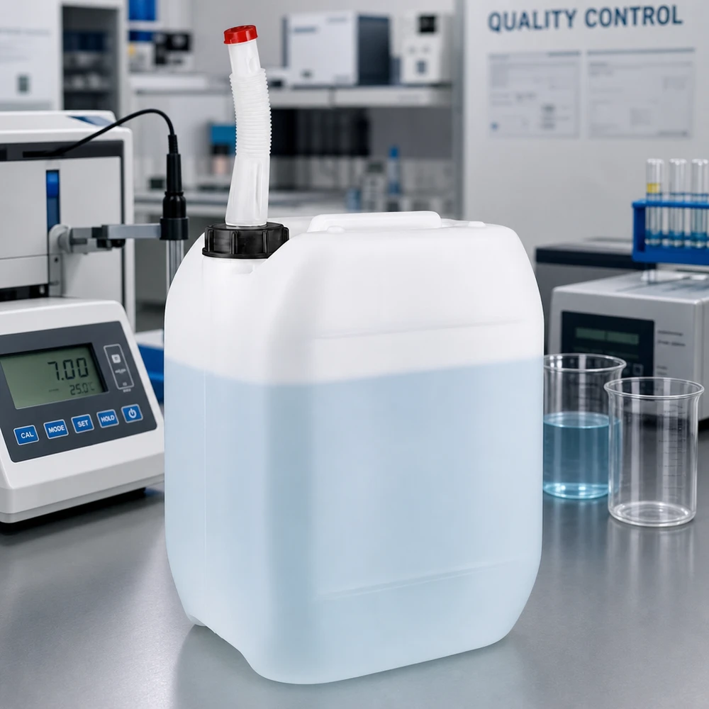 En halvfyldt 10-liters dunk med fleksibelt udløbsrør ved siden af et pH-meter og bægre i laboratoriet