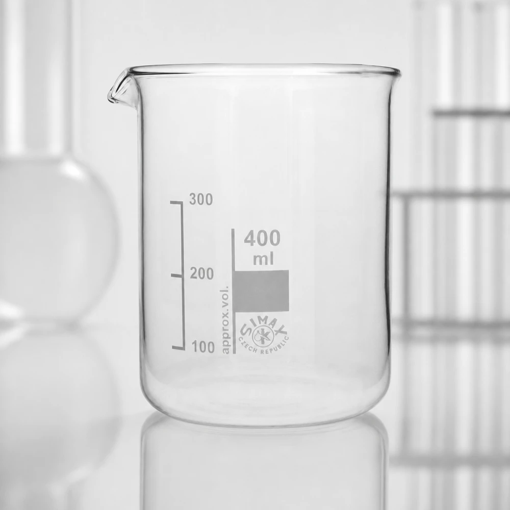 Bægerglas 400 ml borosilikatglas, lav form 400 ml laboratoriebæger, lav form med praktisk tud til præcis dosering