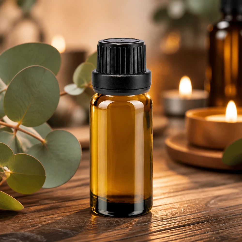 Apoteksflaske brun 10ml dryp v. Pr. 2mm sort OV Lille brun glasflaske på 10 ml med sort skruelåg og dråbeindsats til æteriske olier