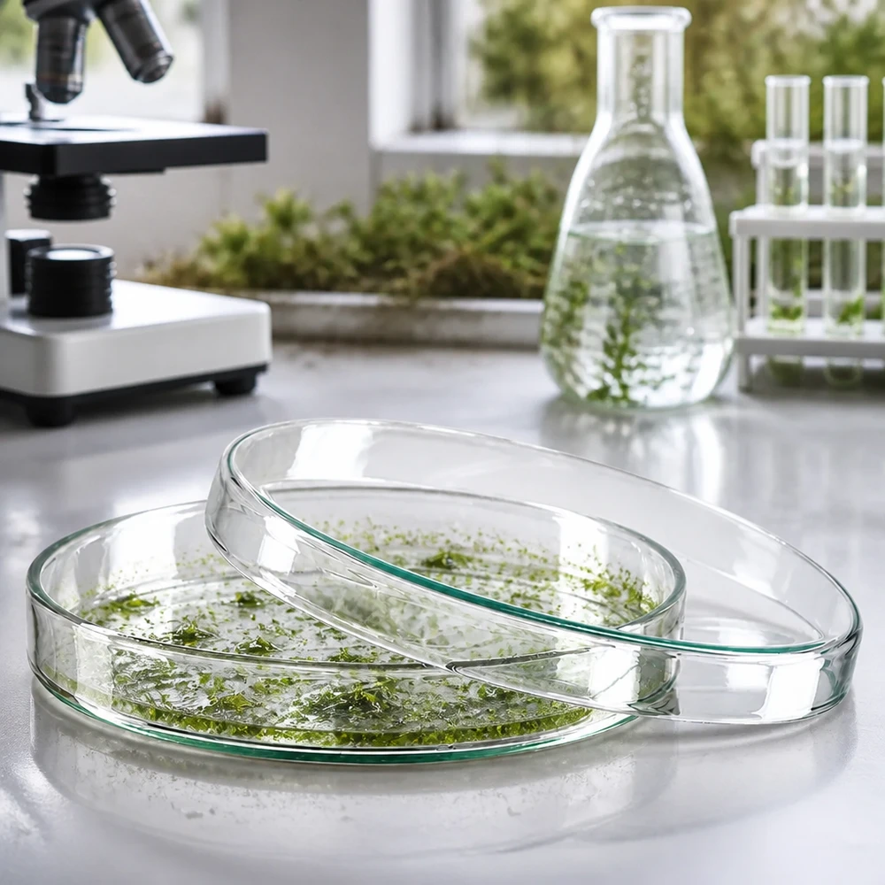 Petriskål 120x20mm glas Petriskål 120 x 20 mm af borosilikatglas med grønne algekulturer på en sølvfarvet laboratorieoverflade
