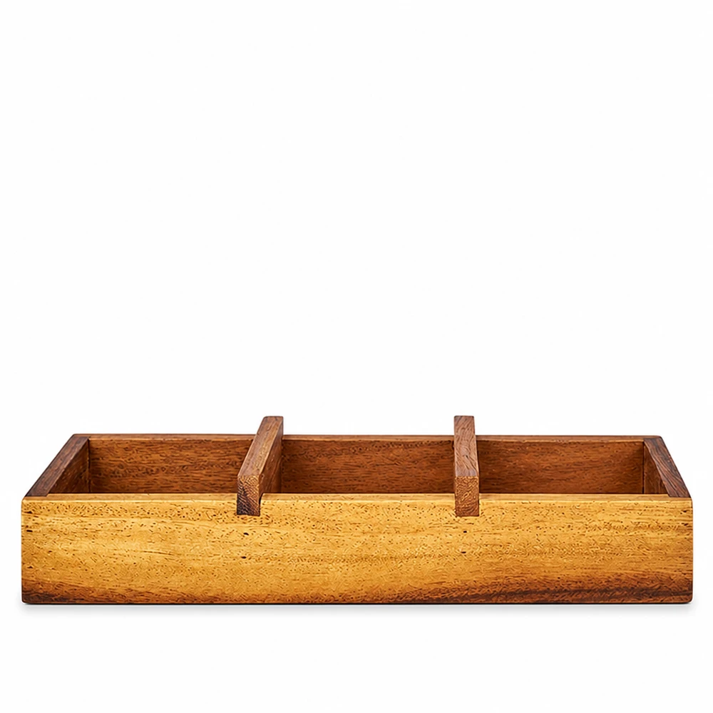 Serveringsbakke Box3 i akacietræ til 3 WECK-tumblere Serveringsbakke Box3 af akacietræ med tre rum til WECK-bægre i brunt naturtræ, rektangulær med håndtag