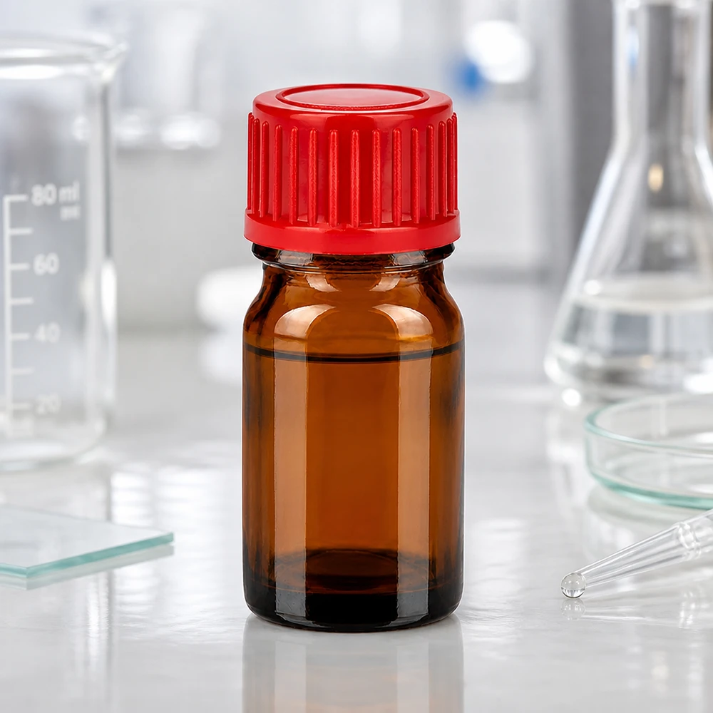 5ml flaske 11mm SV rød STD BrownLine UT18/5 5 ml laboratorieflaske af UV-beskyttende ravfarvet glas med tæt rød hætte til kemiske stoffer
