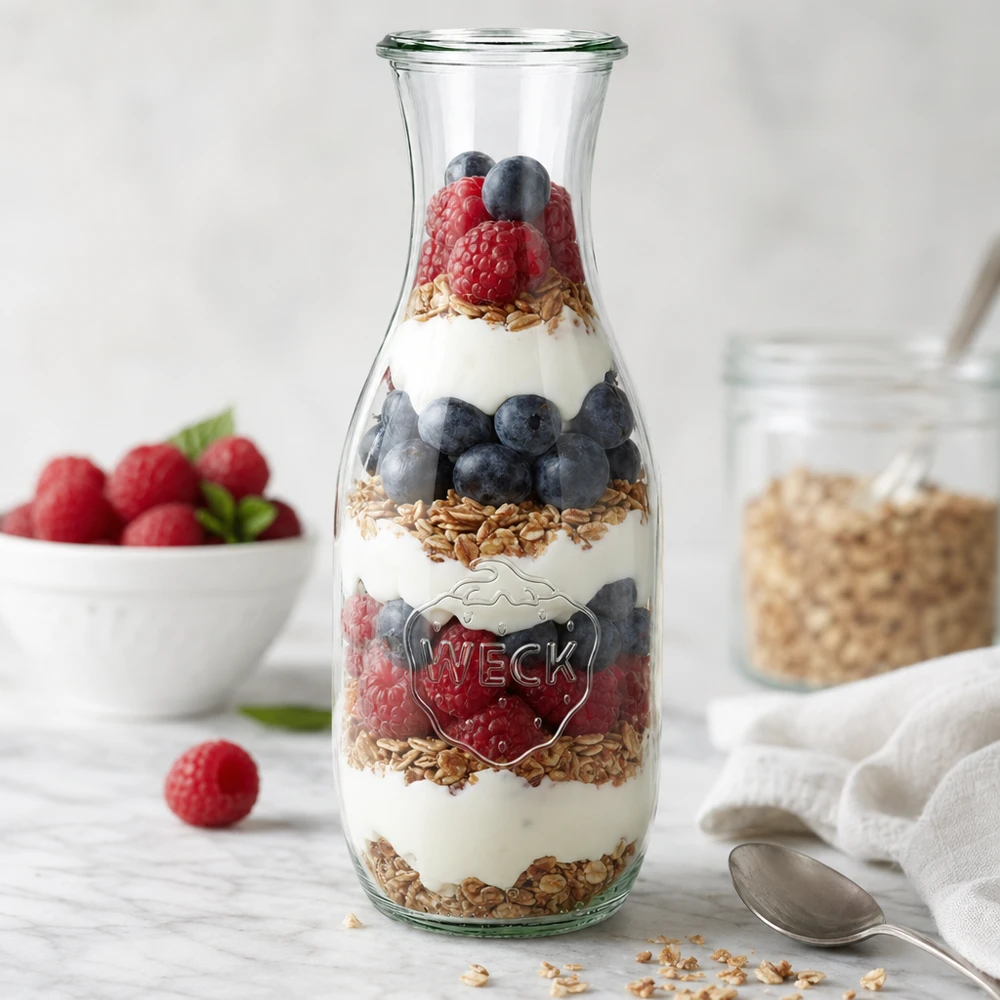 1062 ml saftflaske WECK RR60 WECK juiceflaske 1062 ml RR60 som parfaitglas med yoghurt, bær og granola i lag ved siden af ske og frugt