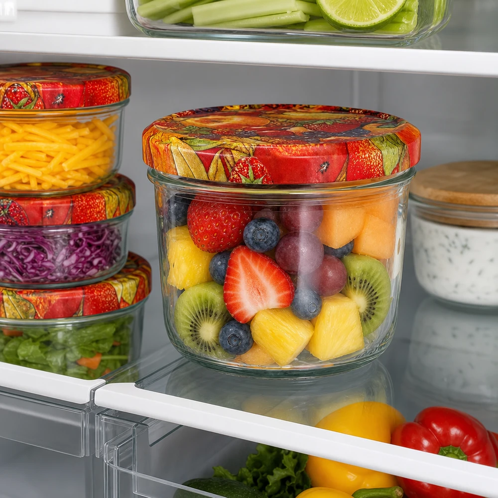 230 ml Briller + BasicSeal låg frugtdekoration UNiTWIST 230 ml glas med farverigt BasicSeal frugtdekorationslåg fyldt med frisk frugtsalat opbevaret i køleskabet