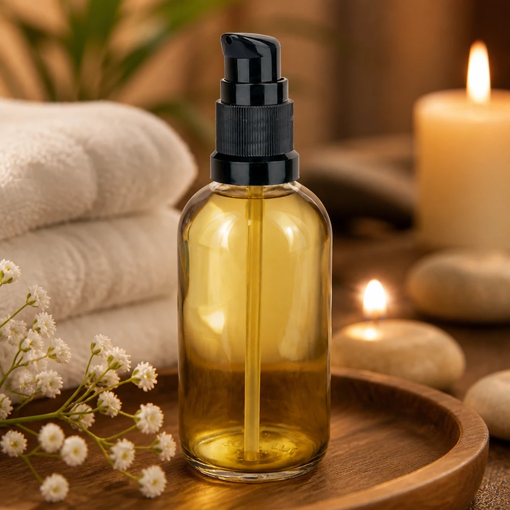 100 ml pumpeflaske sort STD ClearLine UT18/100 Ravfarvet 100 ml glasflaske med sort doseringspumpe, massageolie, stearinlys, wellness, spa