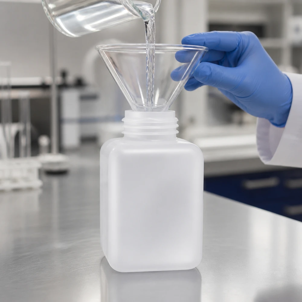 Den klare væske hældes gennem en glastragt i en firkantet 500 ml kemikalieflaske af naturfarvet PE-HD