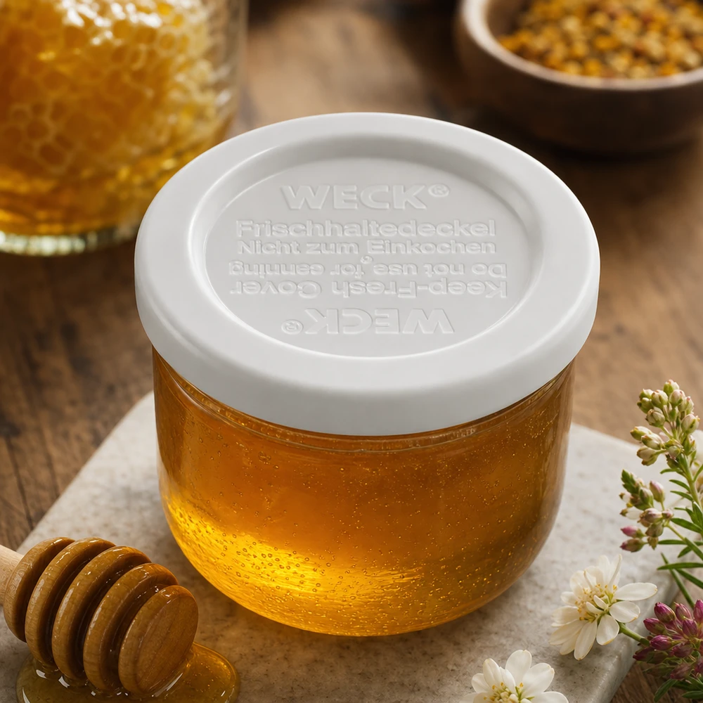 WECK/REX keep-fresh-låg RR40 WECK RR40 konserveringslåg med honningkrukke og honeycomb - naturlig konservering af fødevarer med blomsterdekoration