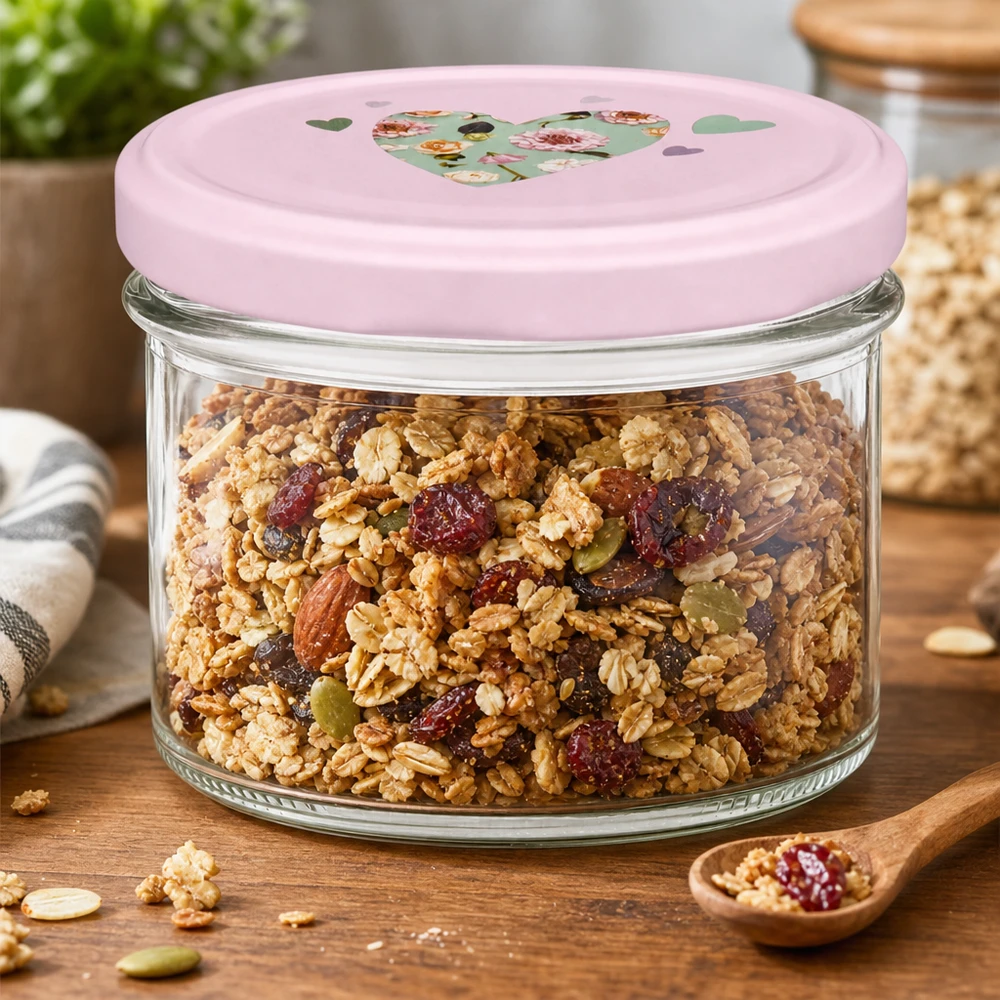 225 ml glas med skrå kant + BasicSeal låg, hjerteformet, rosa UNiTWIST 225 ml syltetøjsglas med lyserødt hjerteformet låg fyldt med müsli og nødder som opbevaringsglas på et træbord