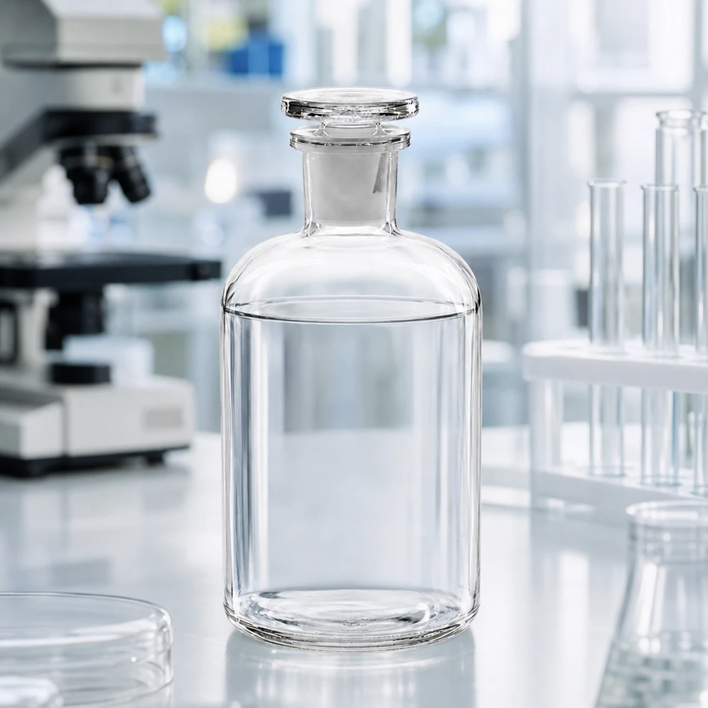 Rund skulderflaske 500 ml klar glasprop med smal hals 500 ml klar laboratorieflaske med smal hals og glasprop på et hvidt laboratoriebord