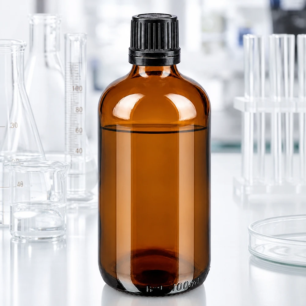 100 ml brun glasflaske med OV-lukning (8 mm) i laboratoriet mellem Erlenmeyer-kolber og reagensglas