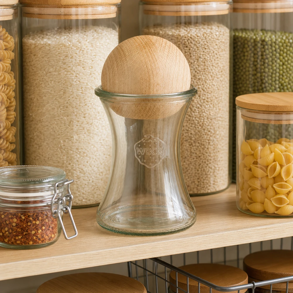 370 ml delikatesseglas WECK RR80 m. Trækugle bøg WECK delikatesseglas 370 ml RR80 med bøgekugle i opbevaringsreol mellem syltetøjsglas fyldt med pasta og ris
