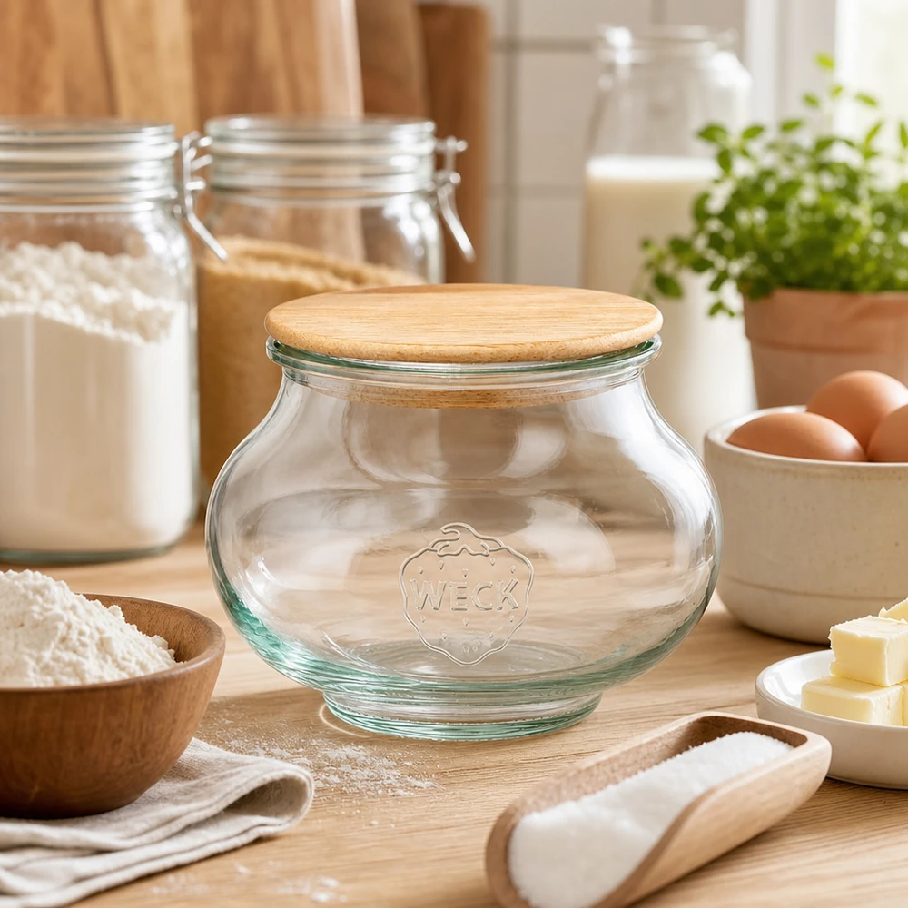 560 ml smykkekrukke WECK RR80 med trælåg WECK dekorativ krukke 560ml RR80 med trælåg eg mellem bageingredienser mel æg smør på træplade køkken