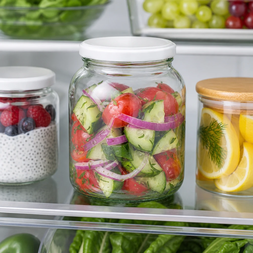 370 ml oval krukke med BasicSeal-låg hvid UNiTWIST 370 ml oval krukke UNiTWIST med hvidt BasicSeal-låg i køleskabet fyldt med opbevaring af frisk grøntsagssalat