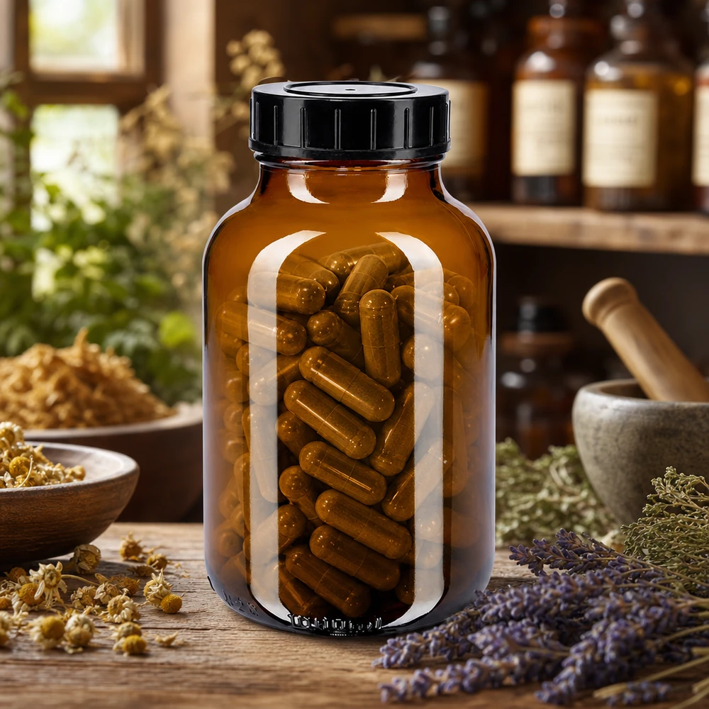 1000 ml flaske med bred hals i ravfarvet glas med skruelåg Brun 1000 ml bredhalset flaske med skruelåg til kapsler og farmaceutiske produkter