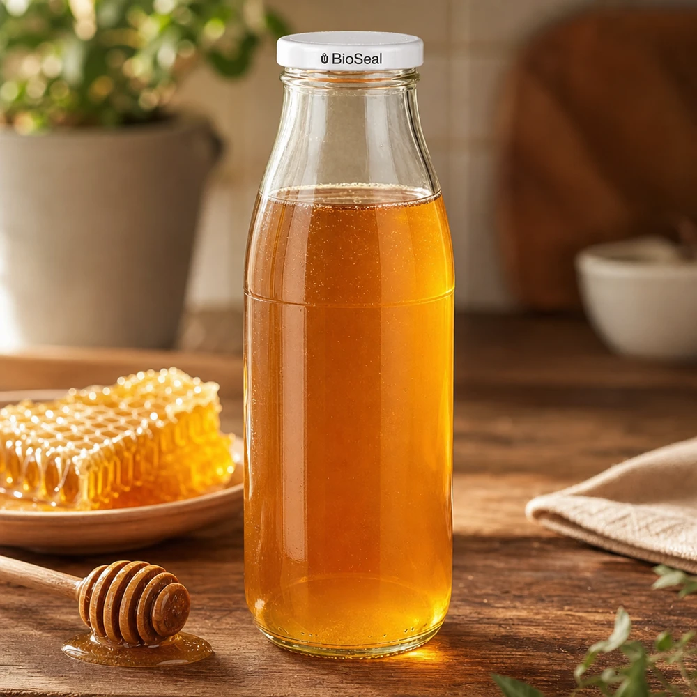 500 ml glasflaske + BioSeal-låg hvid UNiTWIST. Absolut lækagesikker med stort TO48-låg. Til mælk, juice og limonade. 500 ml glasflaske fyldt med honning, hvidt BioSeal-låg, ved siden af honningkage og honningske på træbord