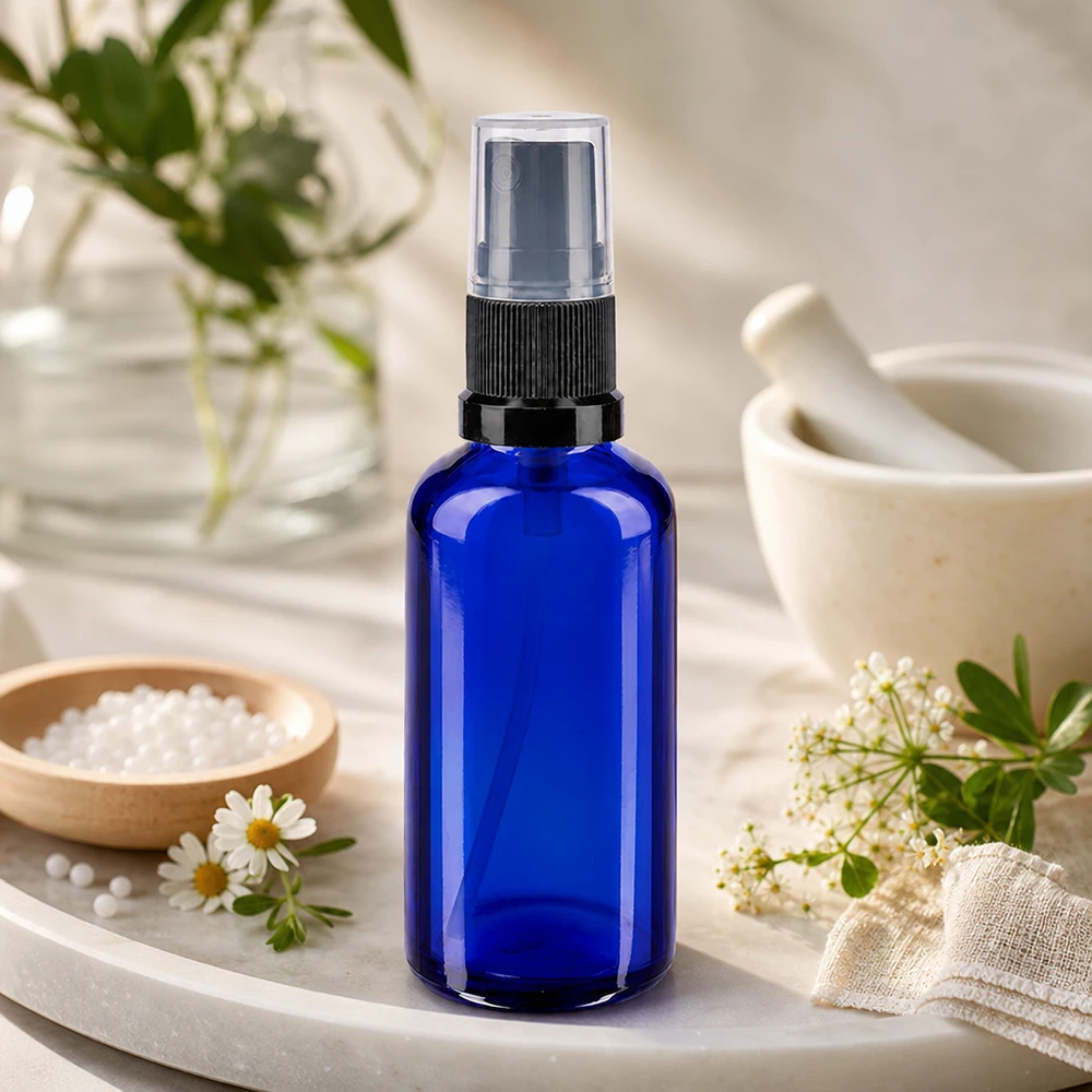 Blå 50 ml sprayflaske af glas med sort forstøver mellem kamilleblomster og en morter