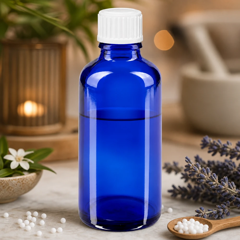 Apoteksflaske blå 50ml skruelåg hvide kugler St Homøopatiske globuli i en 50 ml blå apotekerflaske af glas med hvid børnesikret låg