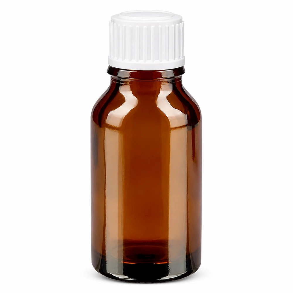 Brun apoteksflaske på 15 ml med hvid dråbepropp på 0,8 mm, fremstillet af brunt glas