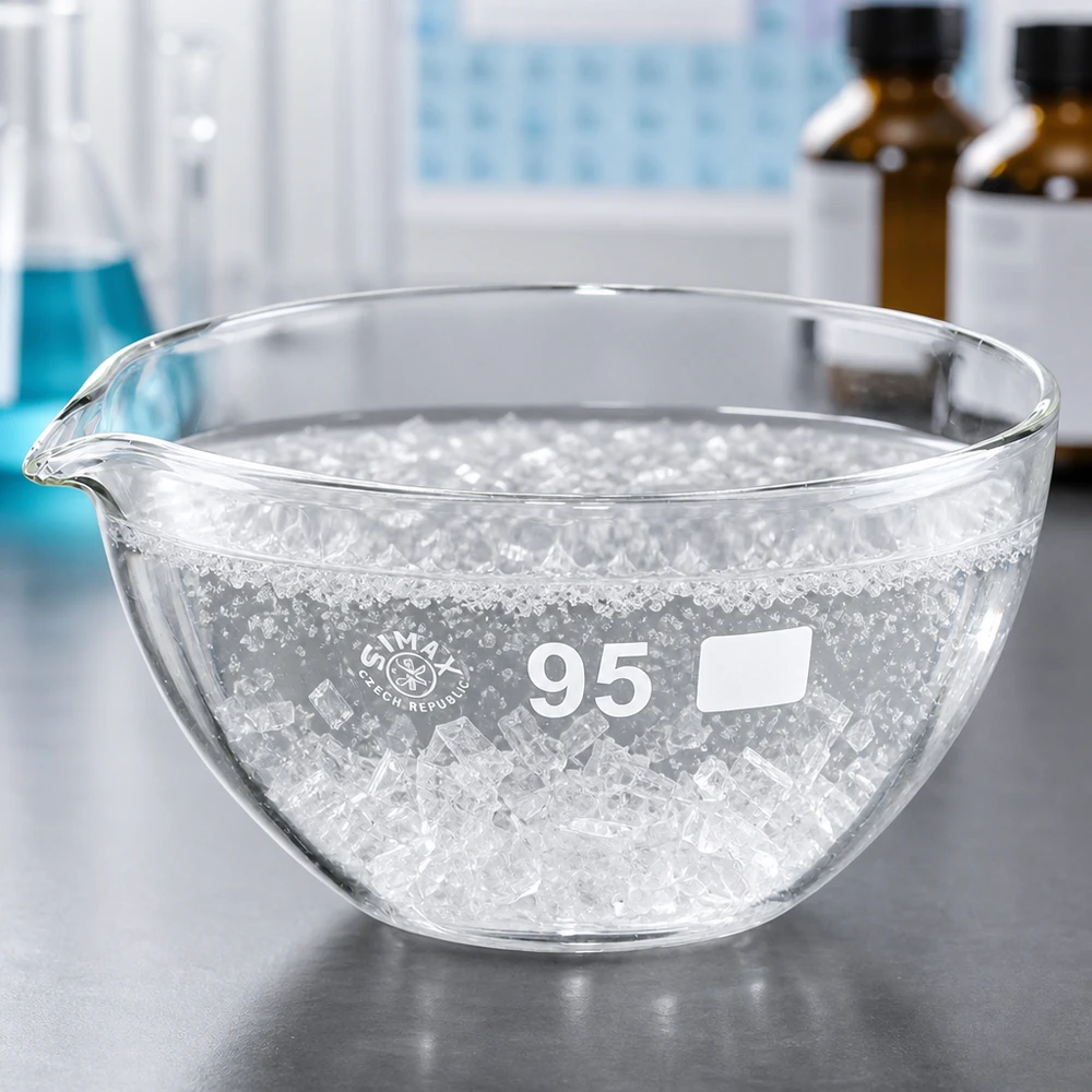 Fordampningsbakke 170 ml med borosilikat-tud Borosilikatinddampningsskål med 95 mm diameter og tud til præcist arbejde i laboratoriet