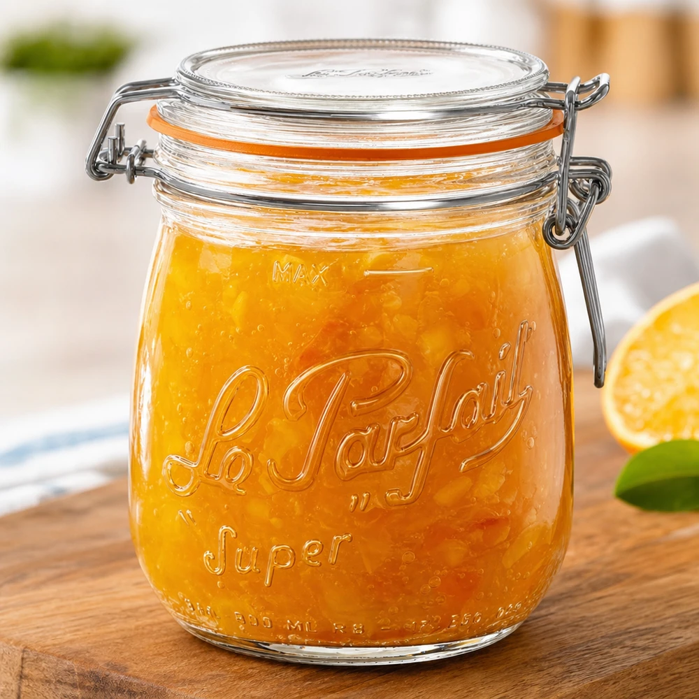 Le Parfait® glas 750 ml Ø85 mm opbevaring 750 ml Le Parfait Super opbevaringskrukke med svingtop fyldt med appelsinmarmelade på træplade
