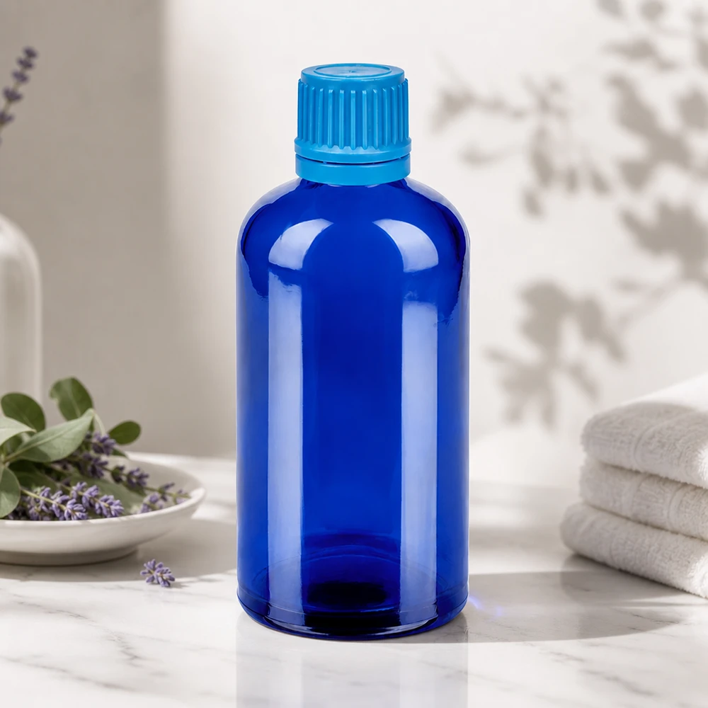 100 ml BlueLine-glasflaske med UV-beskyttelse takket være blå farve til lysfølsomme stoffer