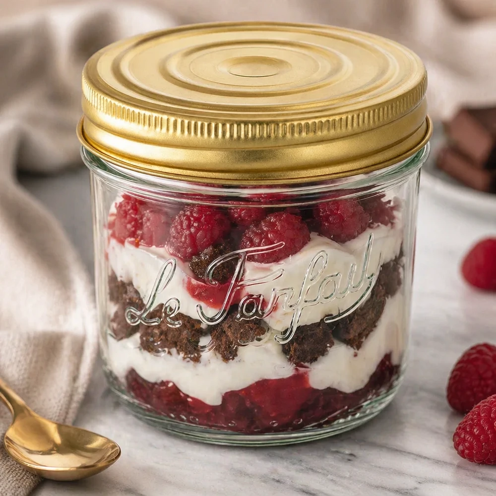 Le Parfait® Familia Wiss 350 g Ø100 mm glas 415 ml Familia Wiss-bægre med gyldent låg fyldt med en lagdelt dessert af hindbær og fløde på marmor