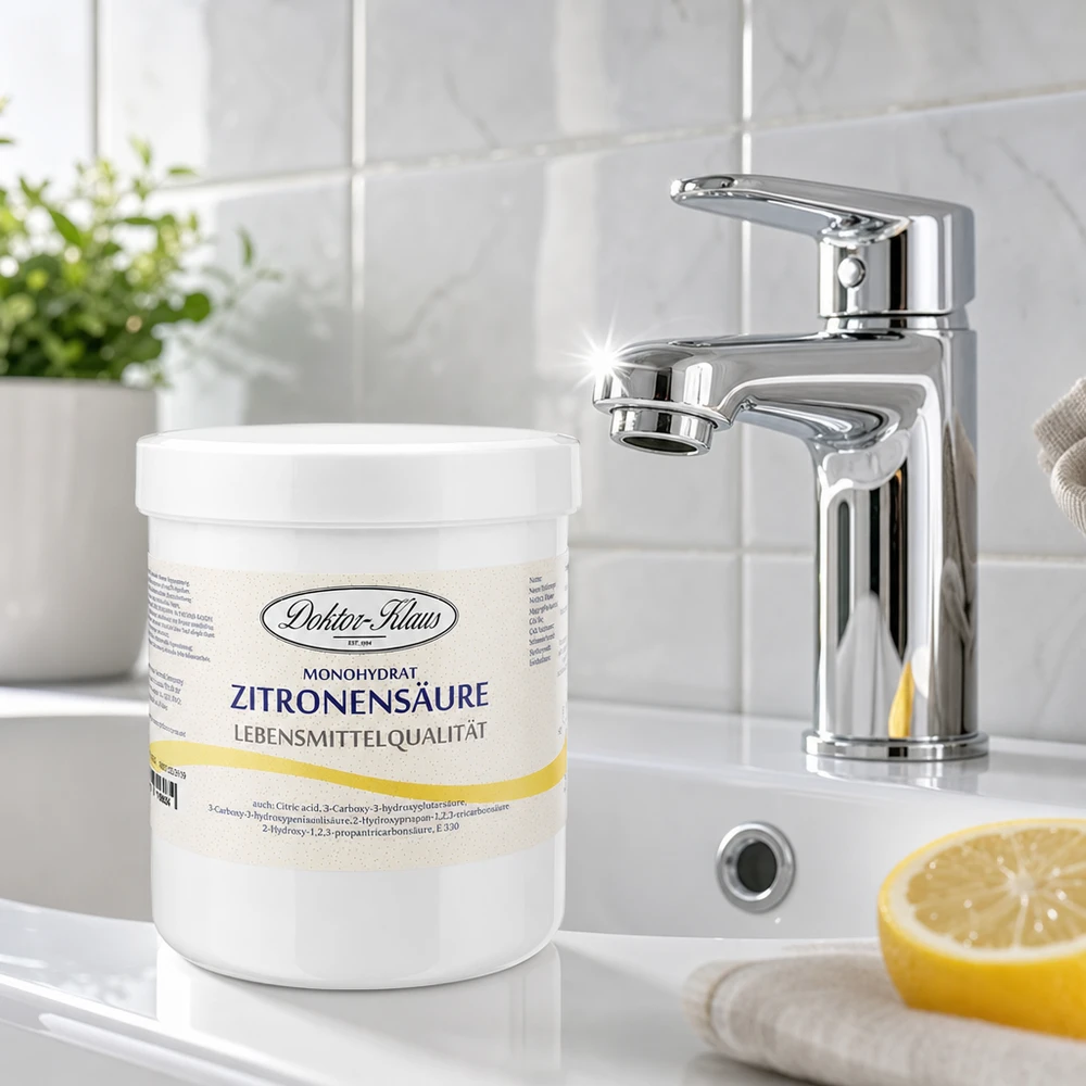 500 g citronsyre Doktor-Klaus 500 g citronsyre Doktor-Klaus i det moderne badeværelse ved siden af den skinnende vandhane til afkalkning