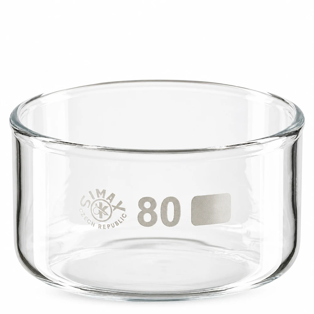 Krystalliseringsskål 150 ml uden tud borosilikat Krystalliseringsskål på 150 ml af klart borosilikatglas uden tud, diameter 80 mm, fra SIMAX
