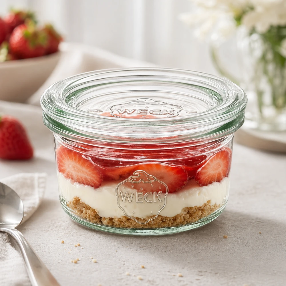 50 ml Briller med glaslåg WECK RR60 WECK glas 50 ml RR60 med lagdelt dessert af jordbær og fløde som elegant servering på en hvid bordplade