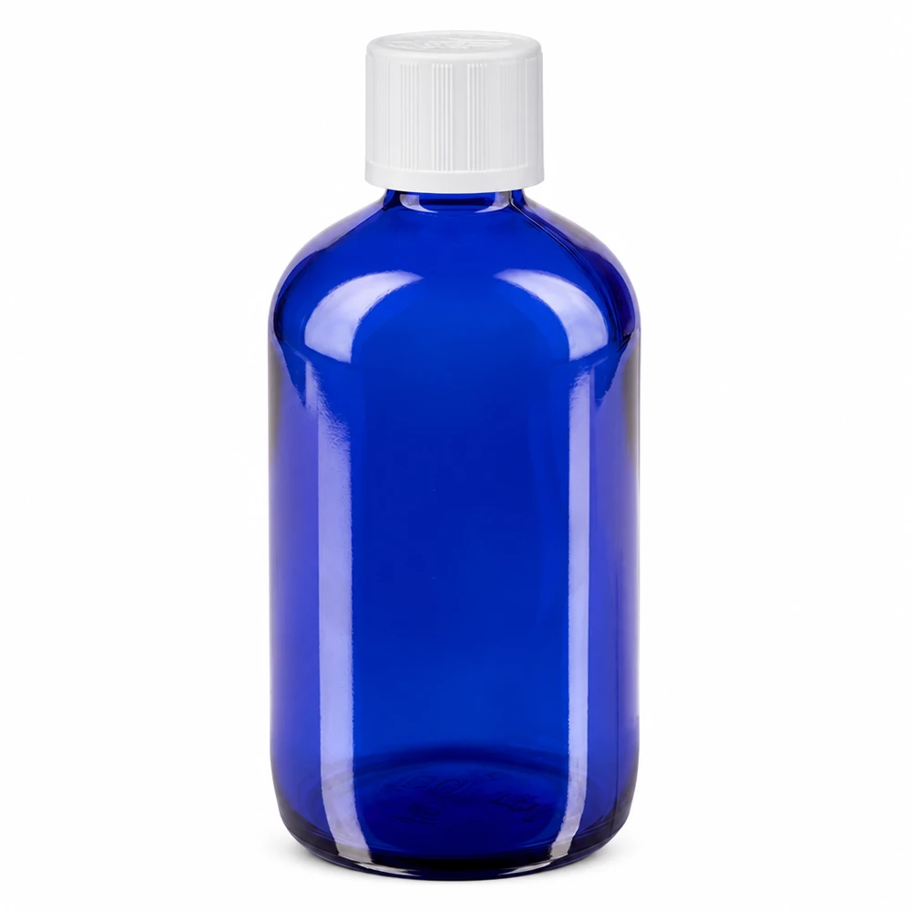 Apoteksflaske blå 100 ml dråbetæller hvid KiSi St 100 ml blå apotekerflaske af glas med hvid børnesikkerhedslåg og 1,2 mm dråbeindsats