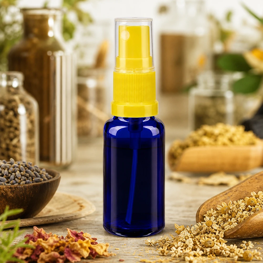 Apotekerflaske blå 20 ml spraytilbehør gul 20 ml sprøjteflaske af blåt apotekerglas med gul forstøver blandt tørrede urter