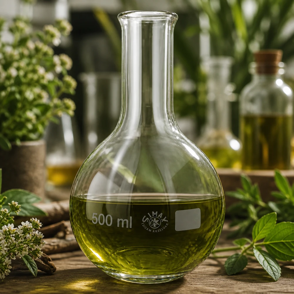 Stående kolbe 500 ml med smal hals Rundbundet kolbe 500 ml med smal hals og grøn substans til botaniske ekstrakter og destillation