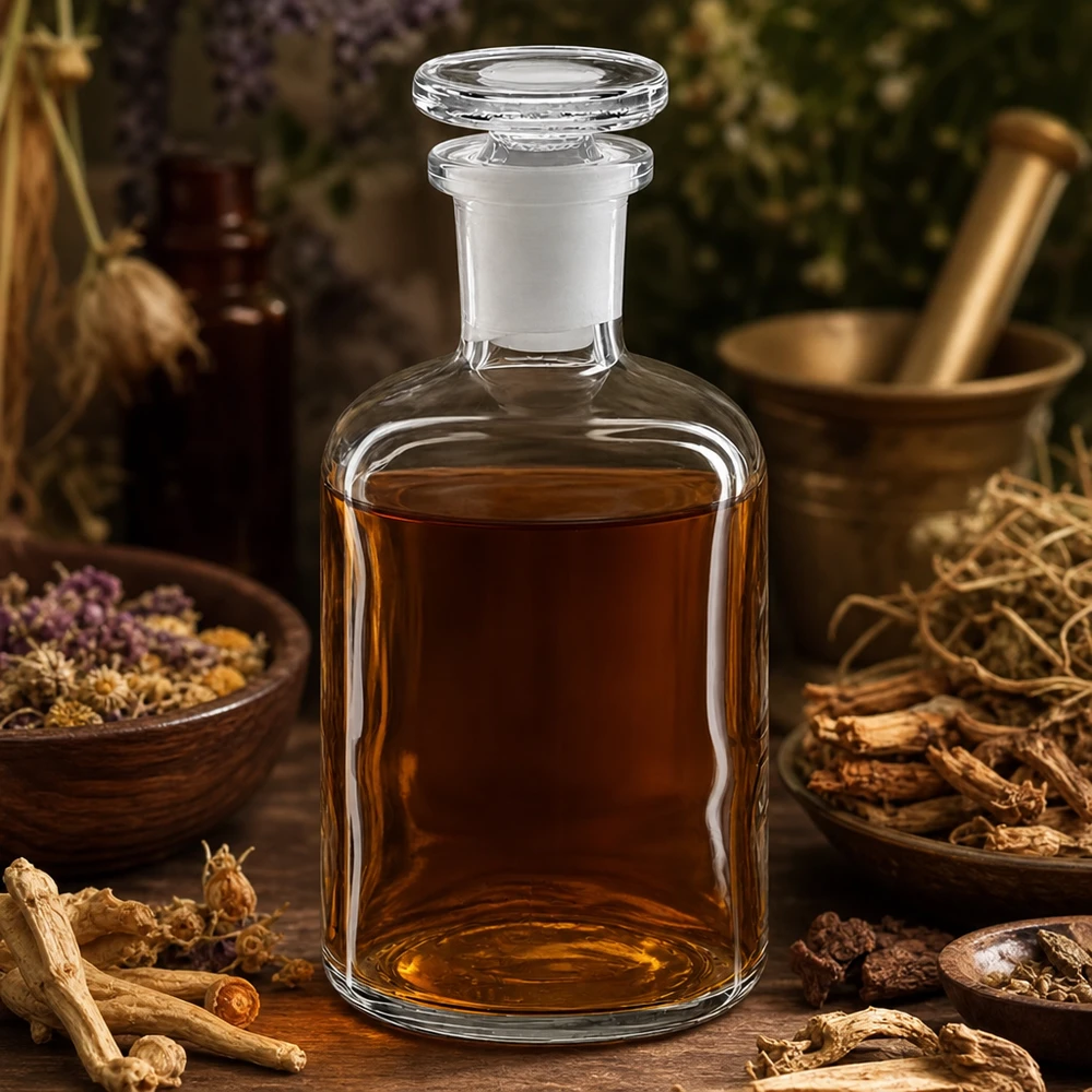 Rund skulderflaske 100 ml klar glasprop med smal hals Apotekerflaske af klart glas, 100 ml, med glasprop, fyldt med urtetinktur, smal hals