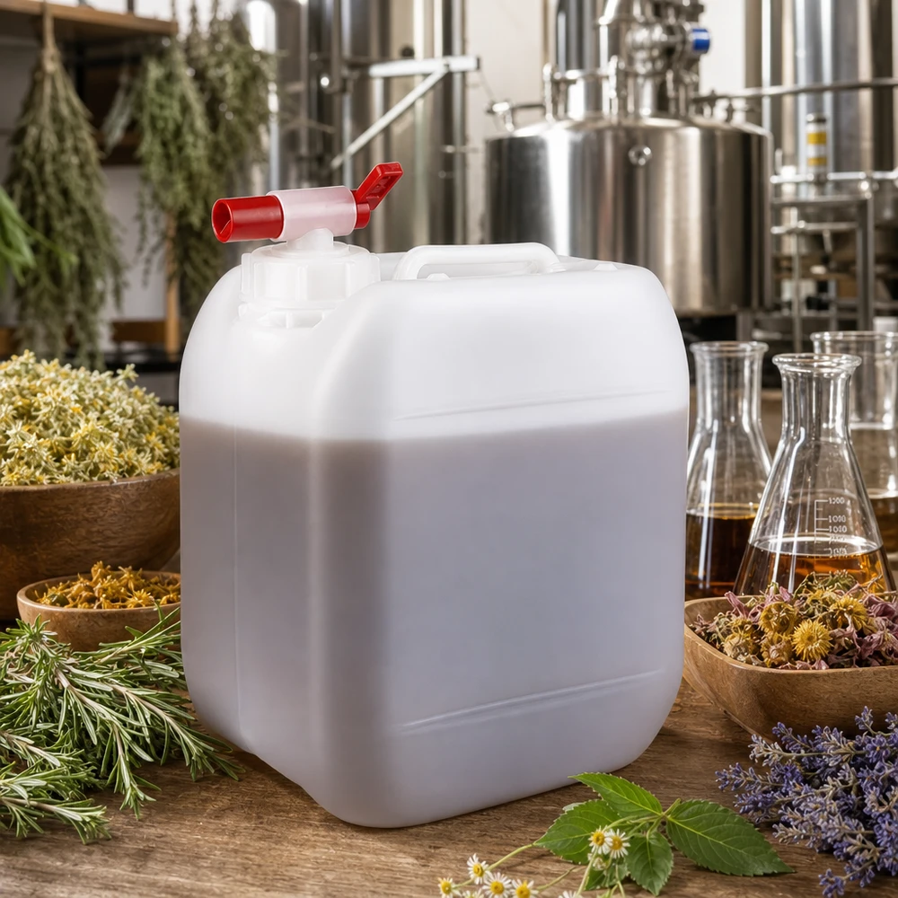 Hvid plastdunk på 5 liter med rødt tappehåndtag omgivet af tørrede urter og blomster