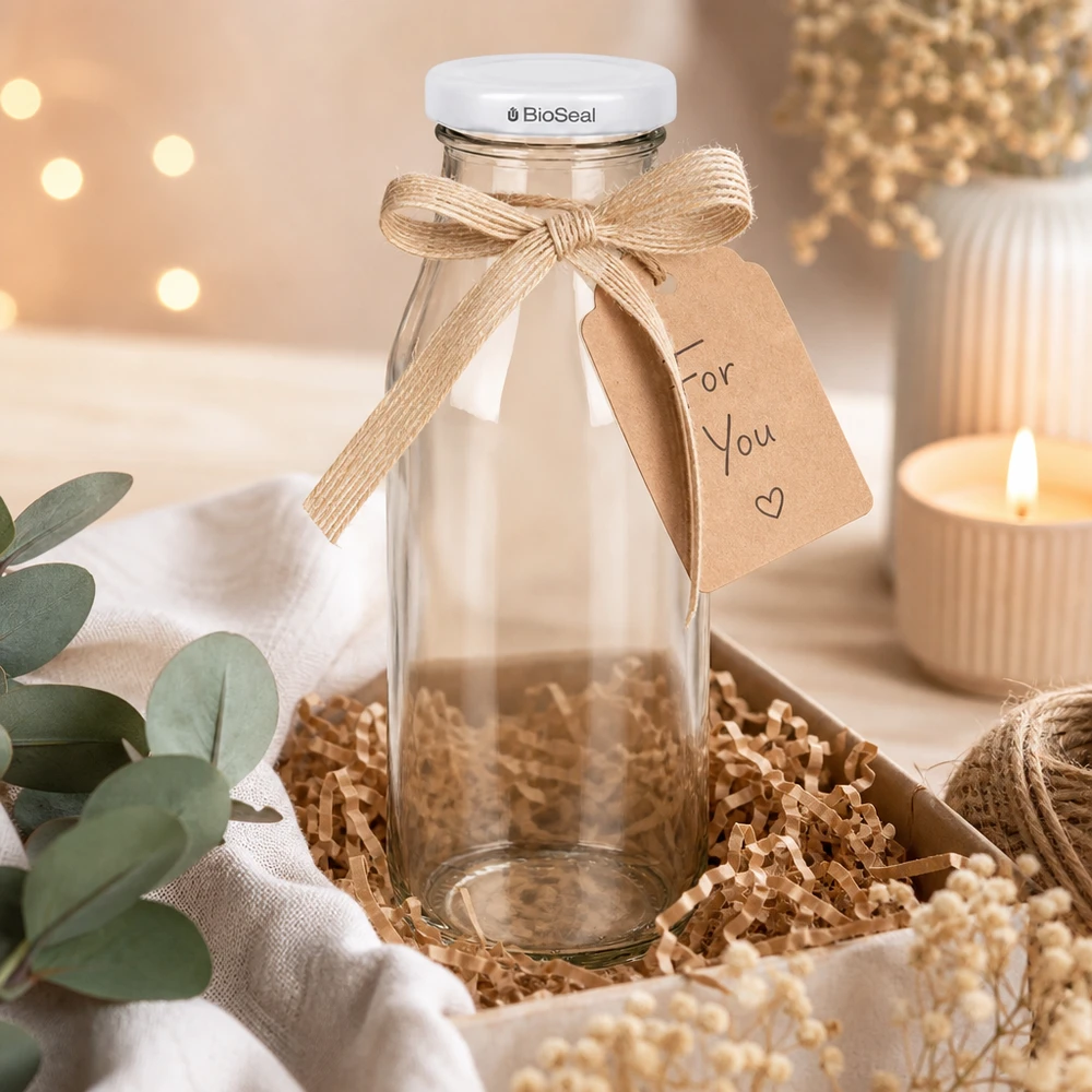 UNiTWIST Bottle263 med hvidt låg TO43 BioSeal UNiTWIST Bottle263 Glasflasche mit weißem TO43 BioSeal Deckel als Geschenk dekoriert mit Schleife und Anhänger