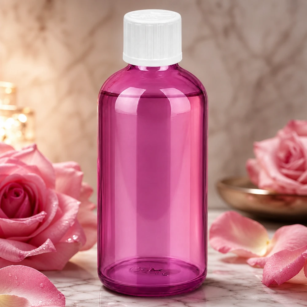 100 ml dråbeflaske 1,2 mm hvid standard børnesikret PurpleLine. UT18/100 Violet glasflaske 100 ml med hvidt skruelåg og 1,2 mm dråbetæller til æteriske olier