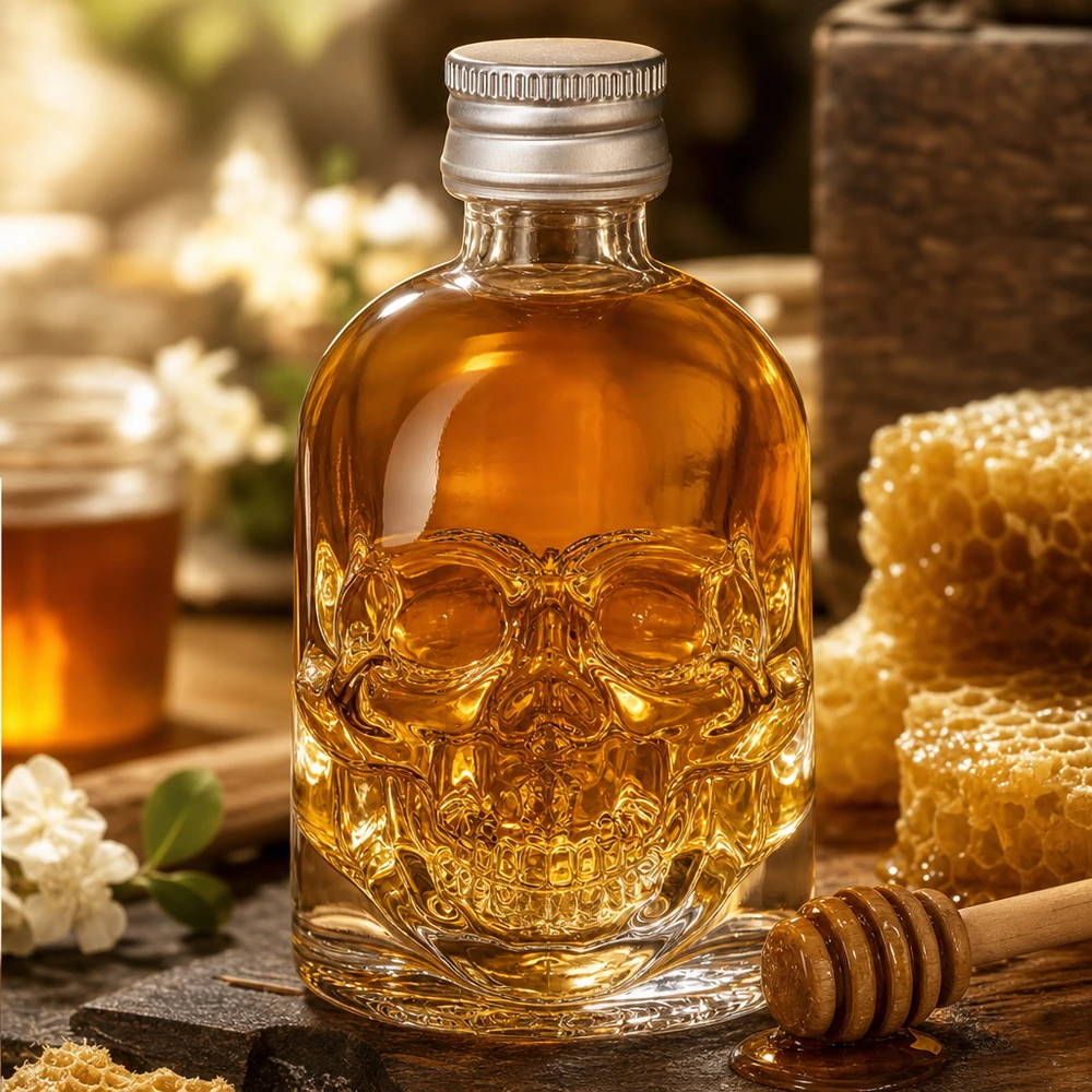 50 ml glasflaske »Hector« og skruelåg sølv UNiTWIST® 50 ml kranieglasflaske Hector fyldt med honning ved siden af honningkage og honningske i rustikt køkken