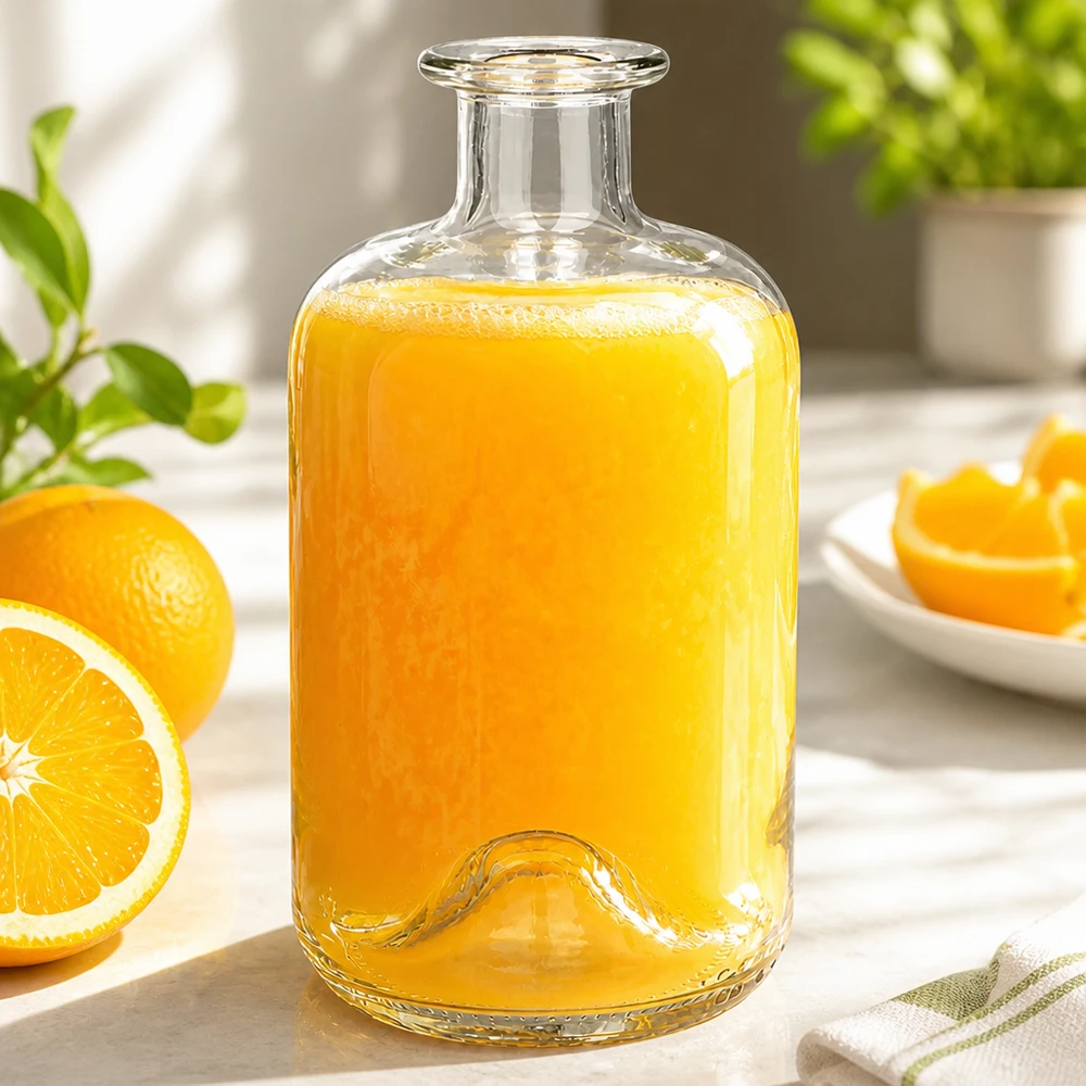 500 ml apoteksflaske »500ml Glasflasche "Luna" ohne Verschluss UNiTWIST« uden lukning UNiTWIST® 500 ml Luna-glasflaske fyldt med frisk appelsinjuice ved siden af appelsinskiver som juicekaraffel i en køkkenindretning