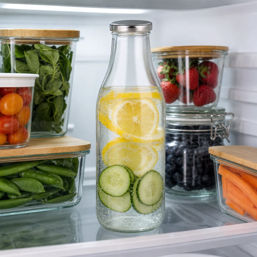 1000 ml glasflaske + BasicSeal-låg sølv UNiTWIST. Absolut lækagesikker med stort TO48-låg. Til mælk, juice og limonade. 1000 ml glasflaske med BasicSeal-låg sølv i køleskabet med agurkevand citron ved siden af grøntsagsopbevaring