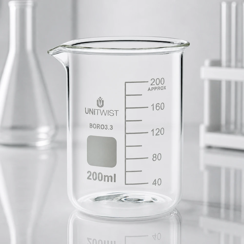 Bæger 200 ml borosilikat, lav skimmel UNiTWIST UNiTWIST 200 ml bägerglas af borosilikatglas, lav model med hvid mærkningsflade til laboratoriebrug